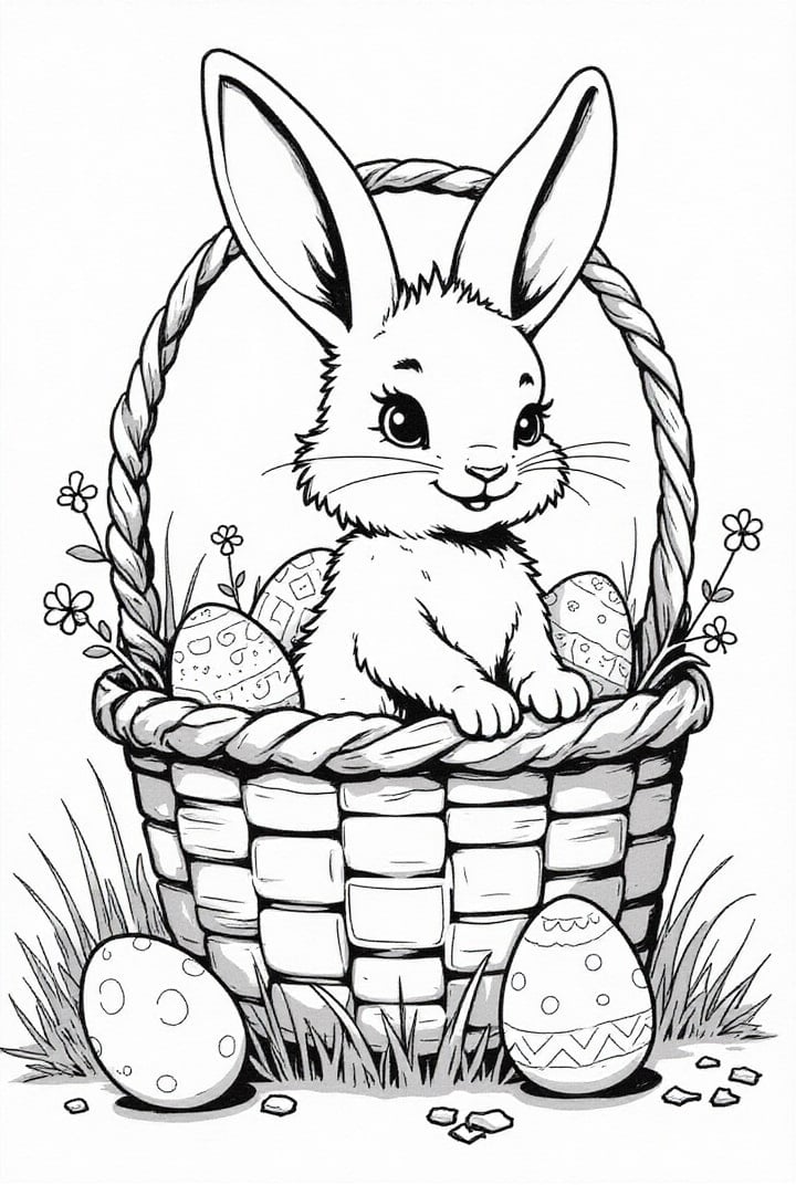 Coloriage lapin de pA¢ques dans un panier de pA¢ques avec des Aufs